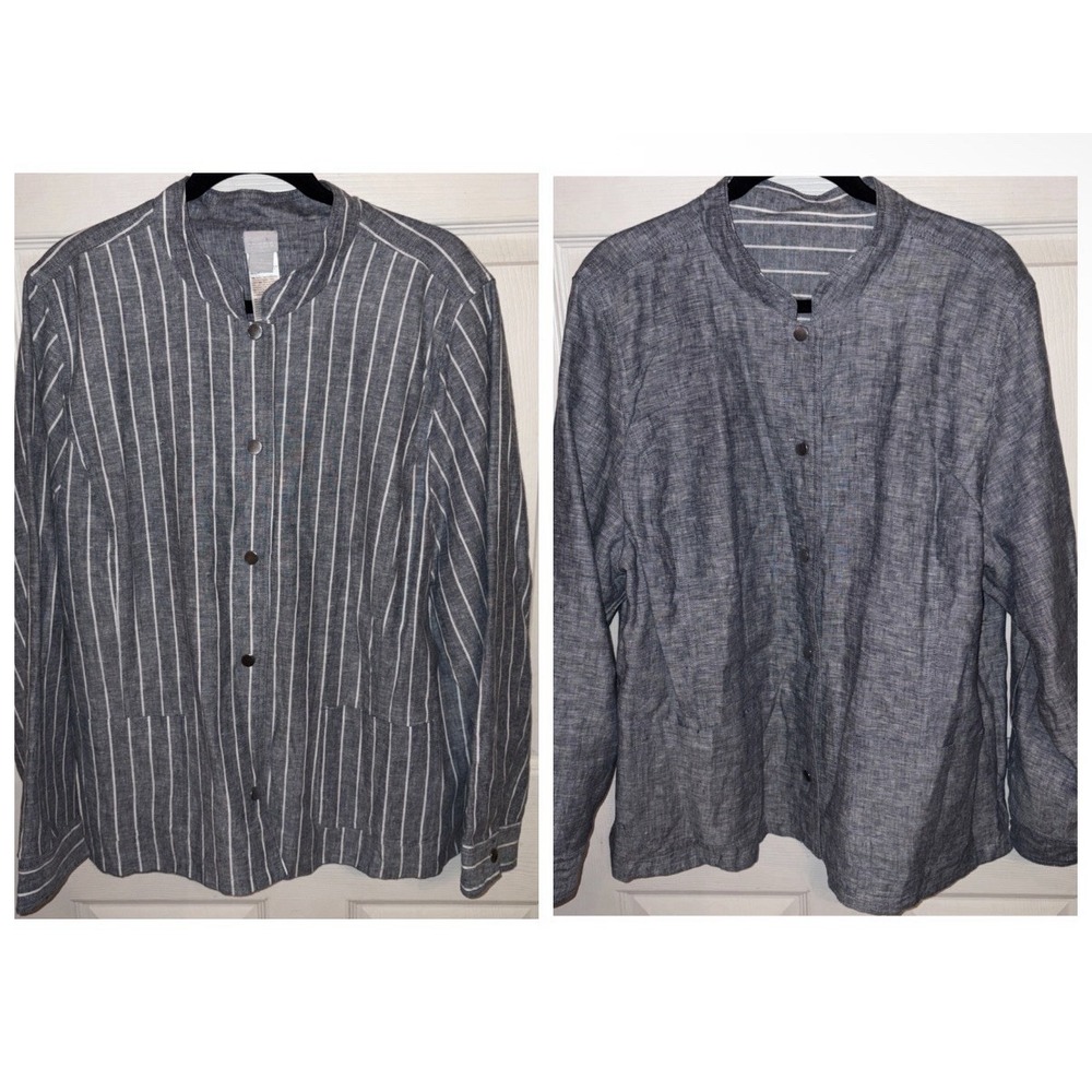 Chico's 4 = 20 / 22 Linen Blend Reversible Navy White Stripe & Solid Jacket Snap